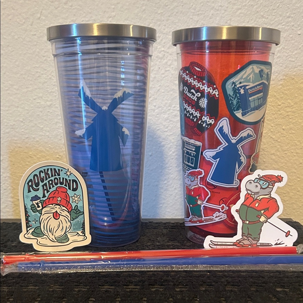 2 New Dutch Bros Holiday tumblers w/ stickers